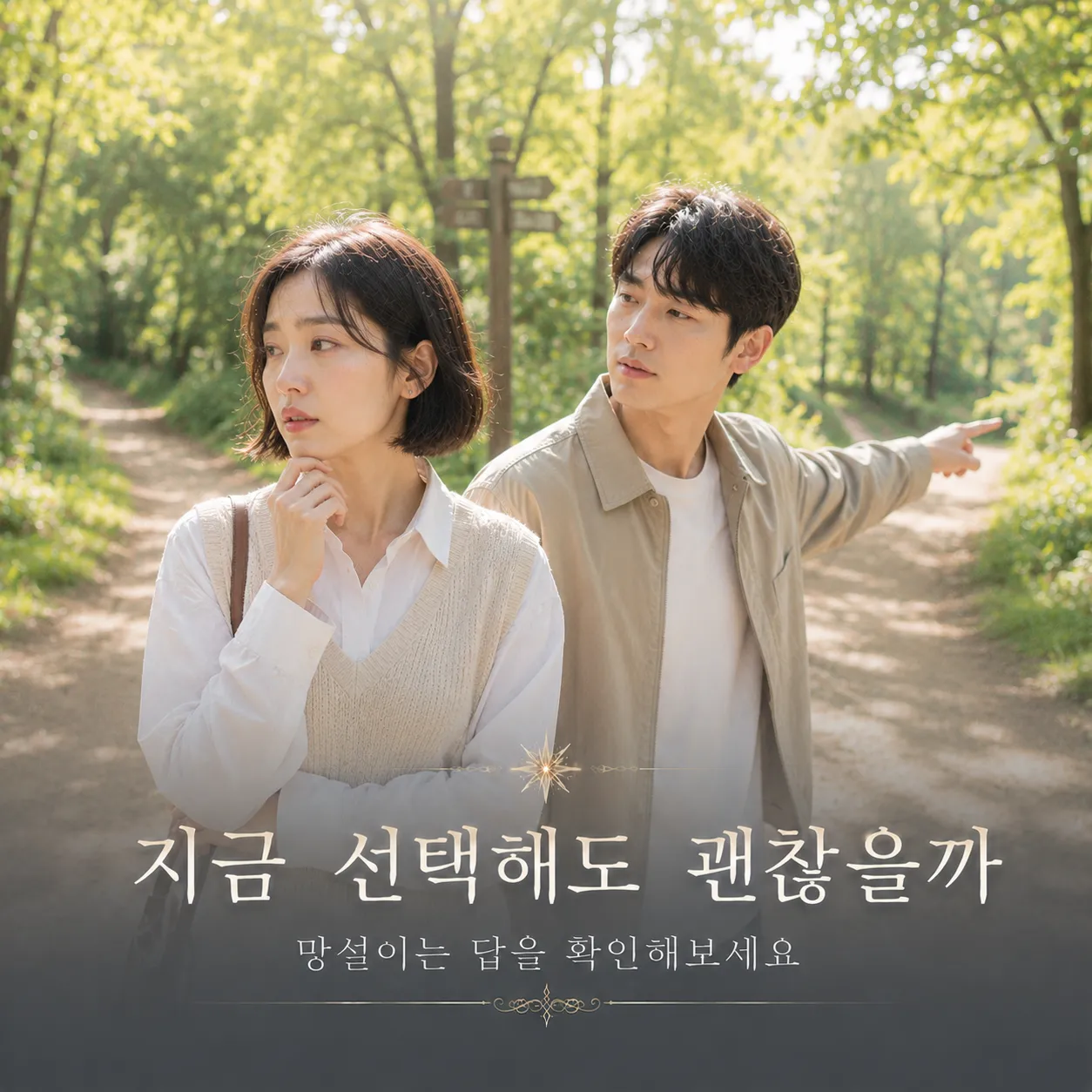 갈림길 앞에서 선택을 고민하는 인물 이미지