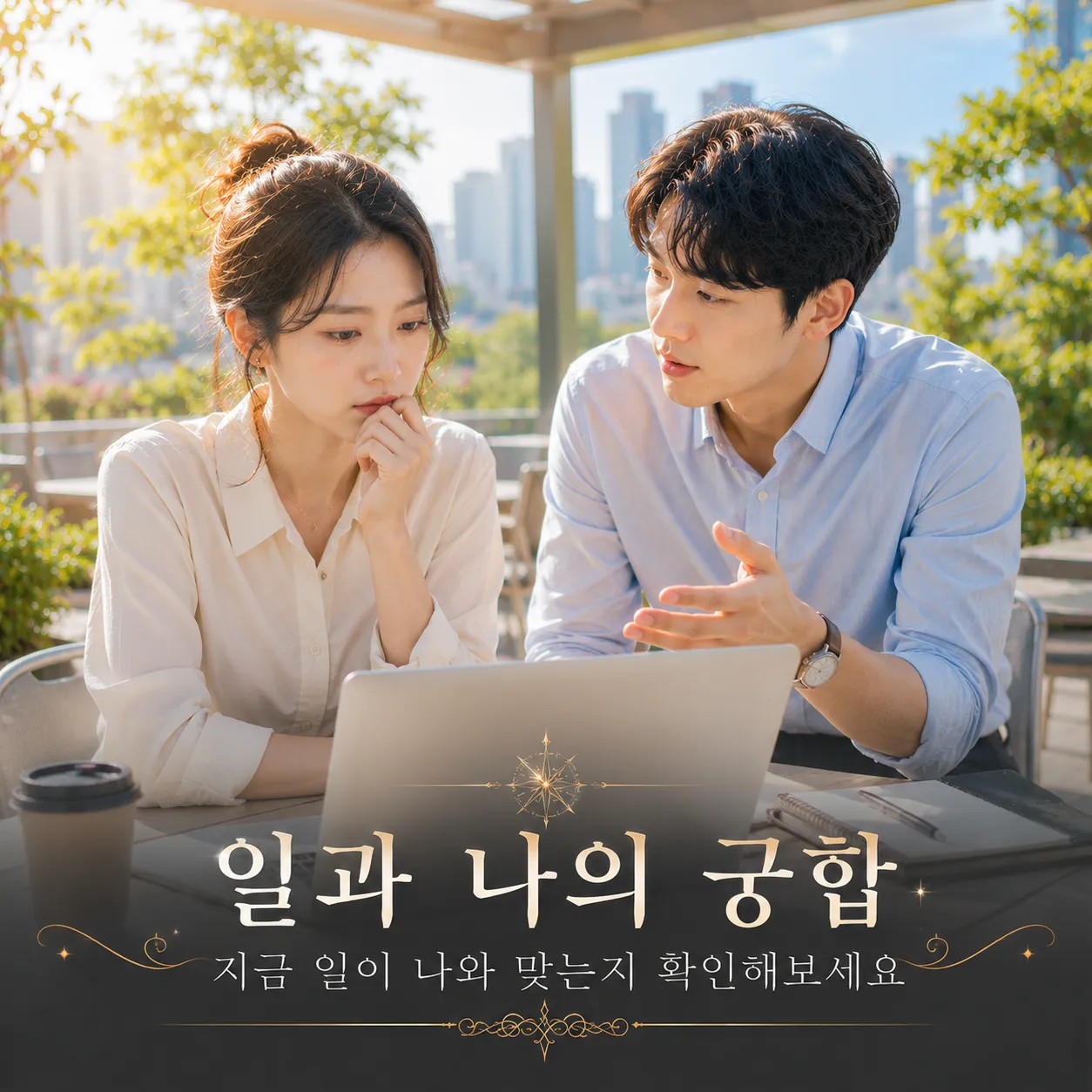 일과 자신의 방향을 고민하는 인물 이미지