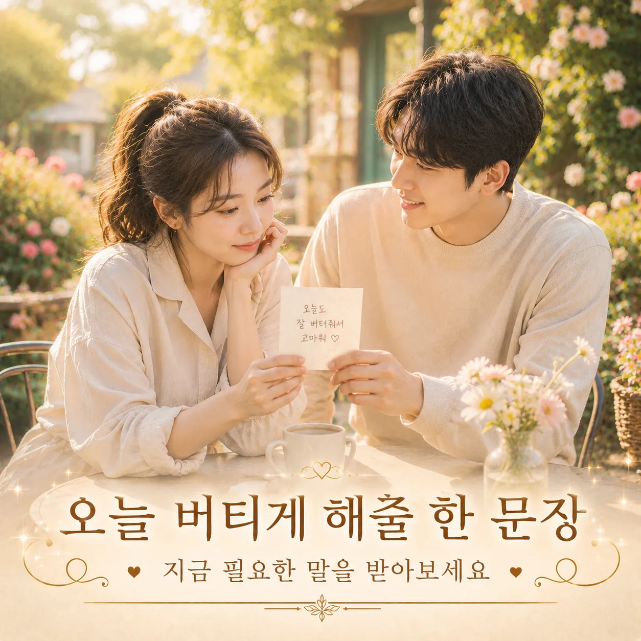 오늘을 버티게 해줄 위로의 문장을 떠올리는 인물 이미지