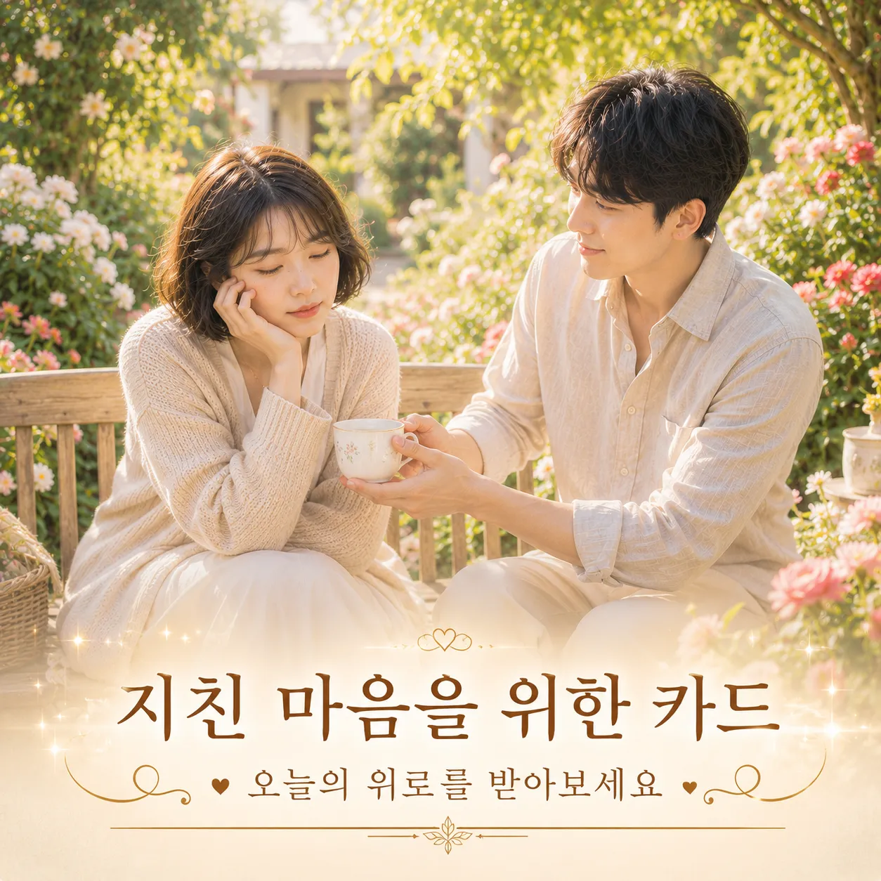 지친 마음을 위로받는 듯한 따뜻한 분위기의 인물 이미지