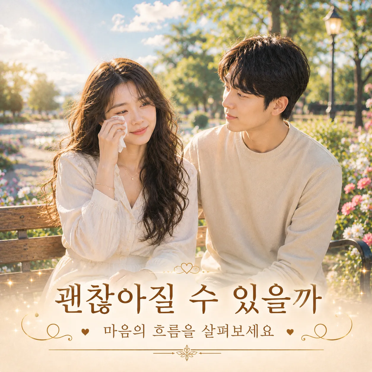 괜찮아질 수 있을지 조용히 마음을 다독이는 인물 이미지