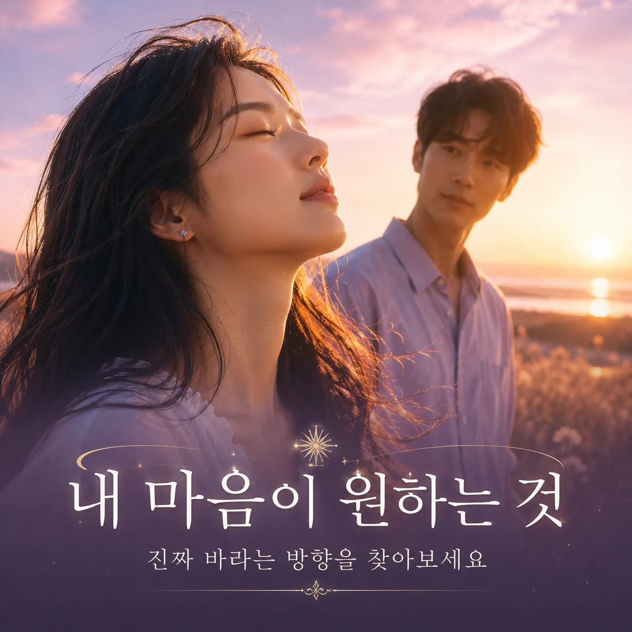 밝은 풍경 속에서 자신의 마음을 바라보듯 서 있는 여성 이미지