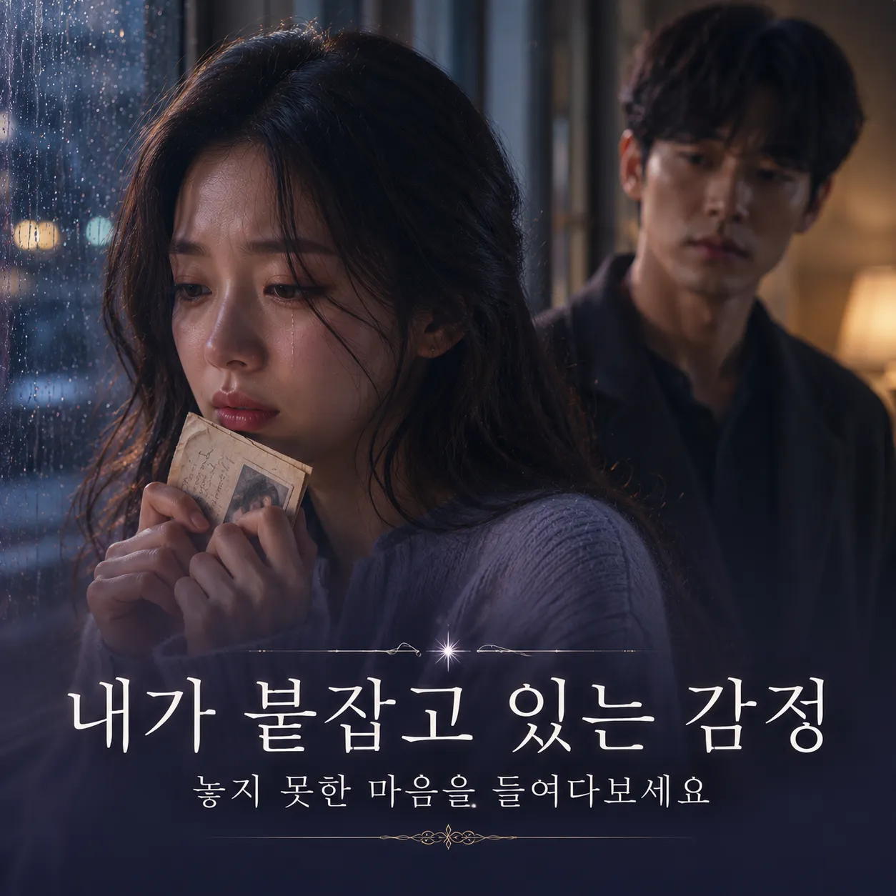 생각에 잠긴 여성이 마음속 감정을 붙잡고 있는 듯한 이미지