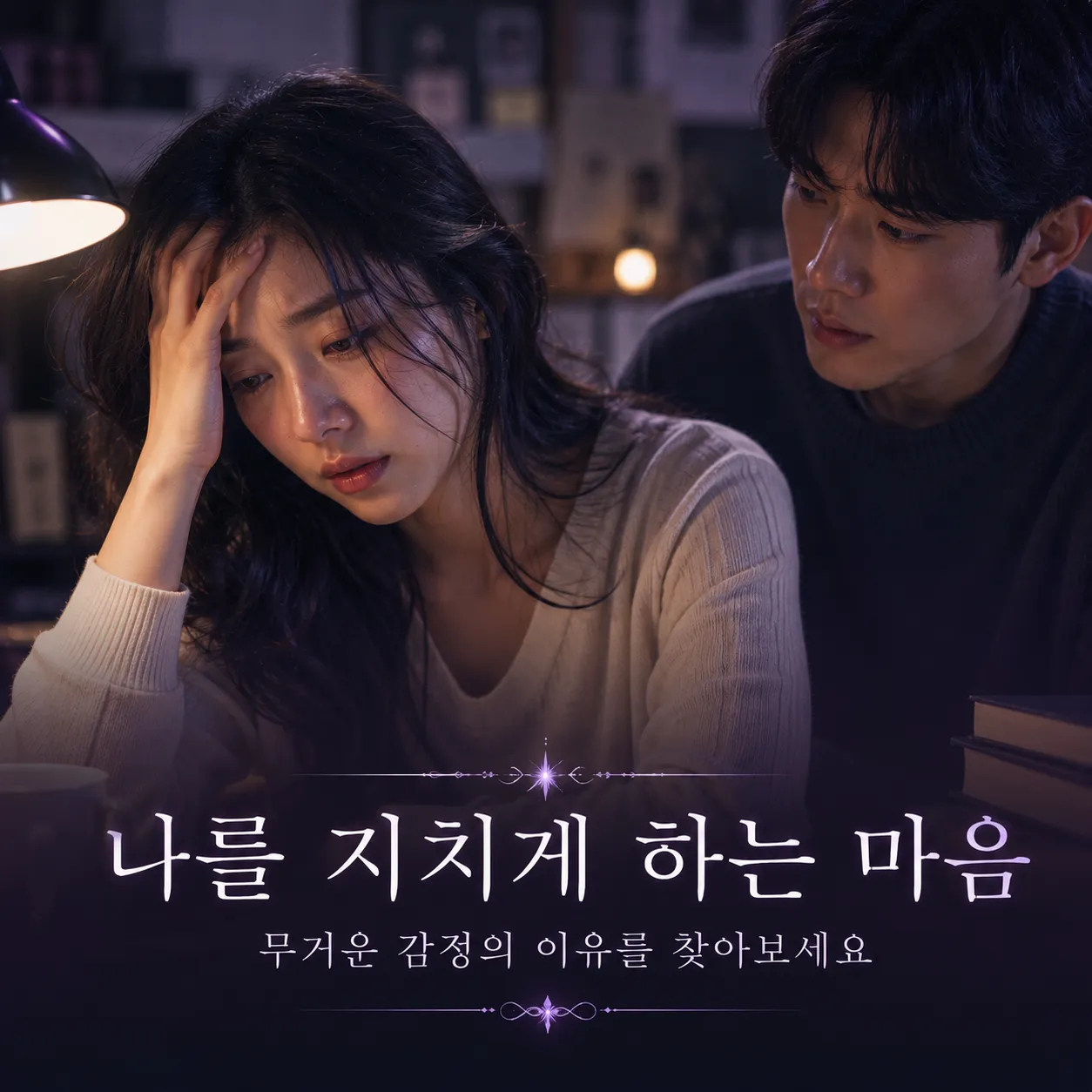 밝은 야외 공간에서 지친 표정으로 앉아 있는 여성 이미지
