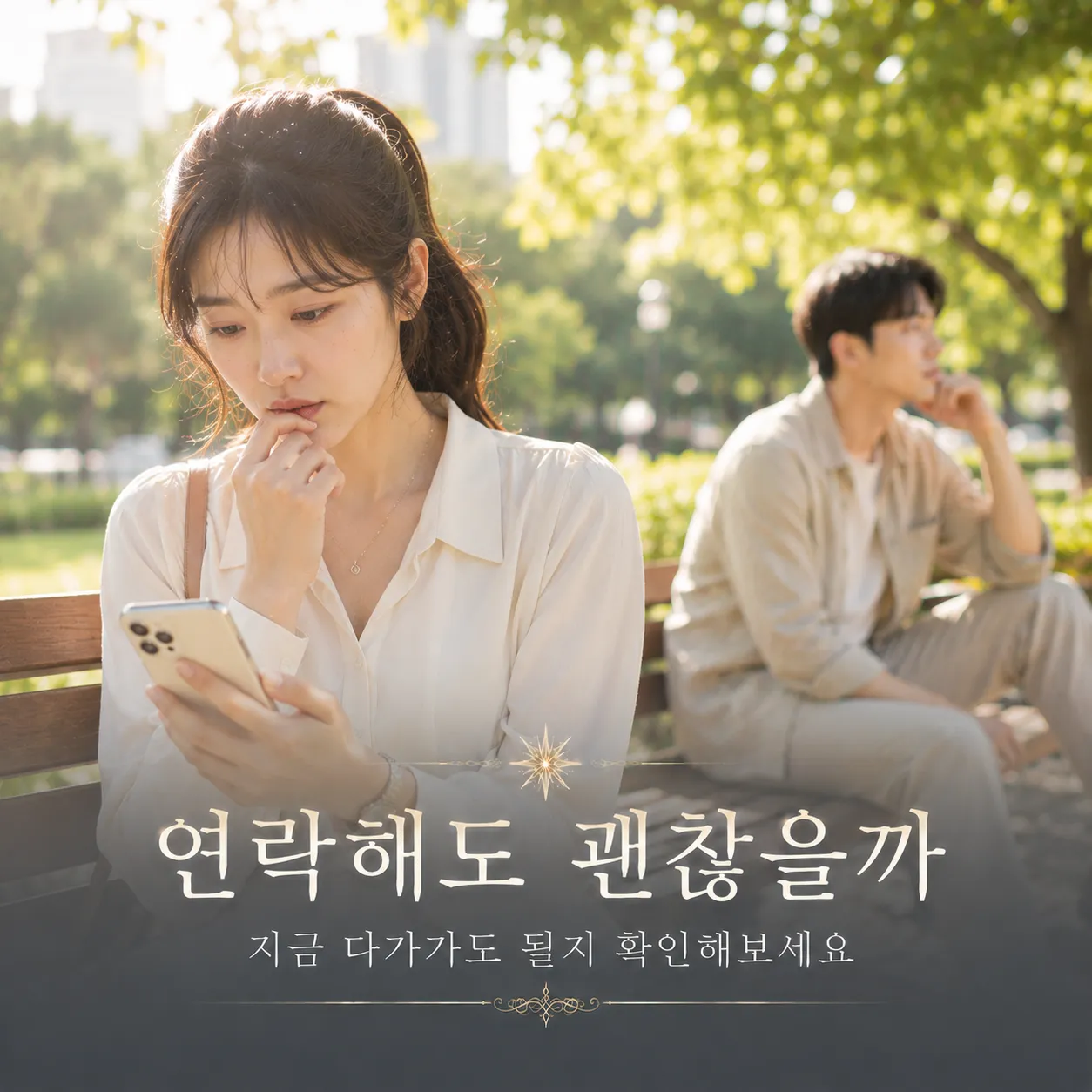 휴대폰을 바라보며 연락을 고민하는 인물 이미지